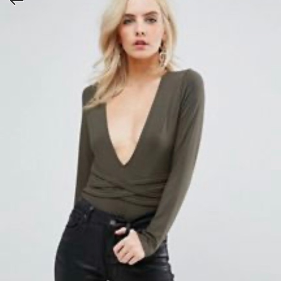 ASOS Petite Tops - ASOS Bodysuit Deep Plunge Neck Green